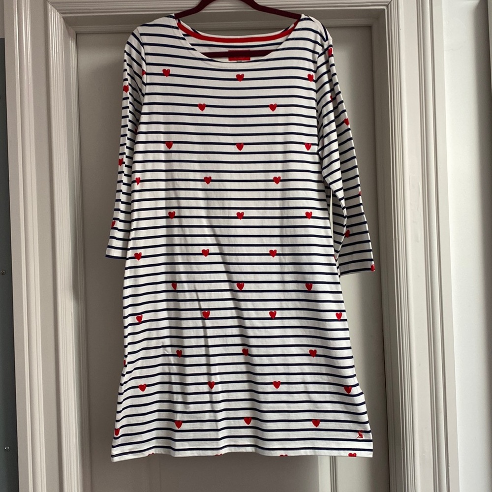 Navy and white striped dress with hearts